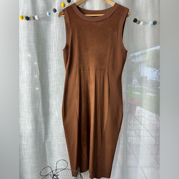 🤎 NEW New York & company sleeveless brown stretch bodycon panel dress L - Picture 3 of 13